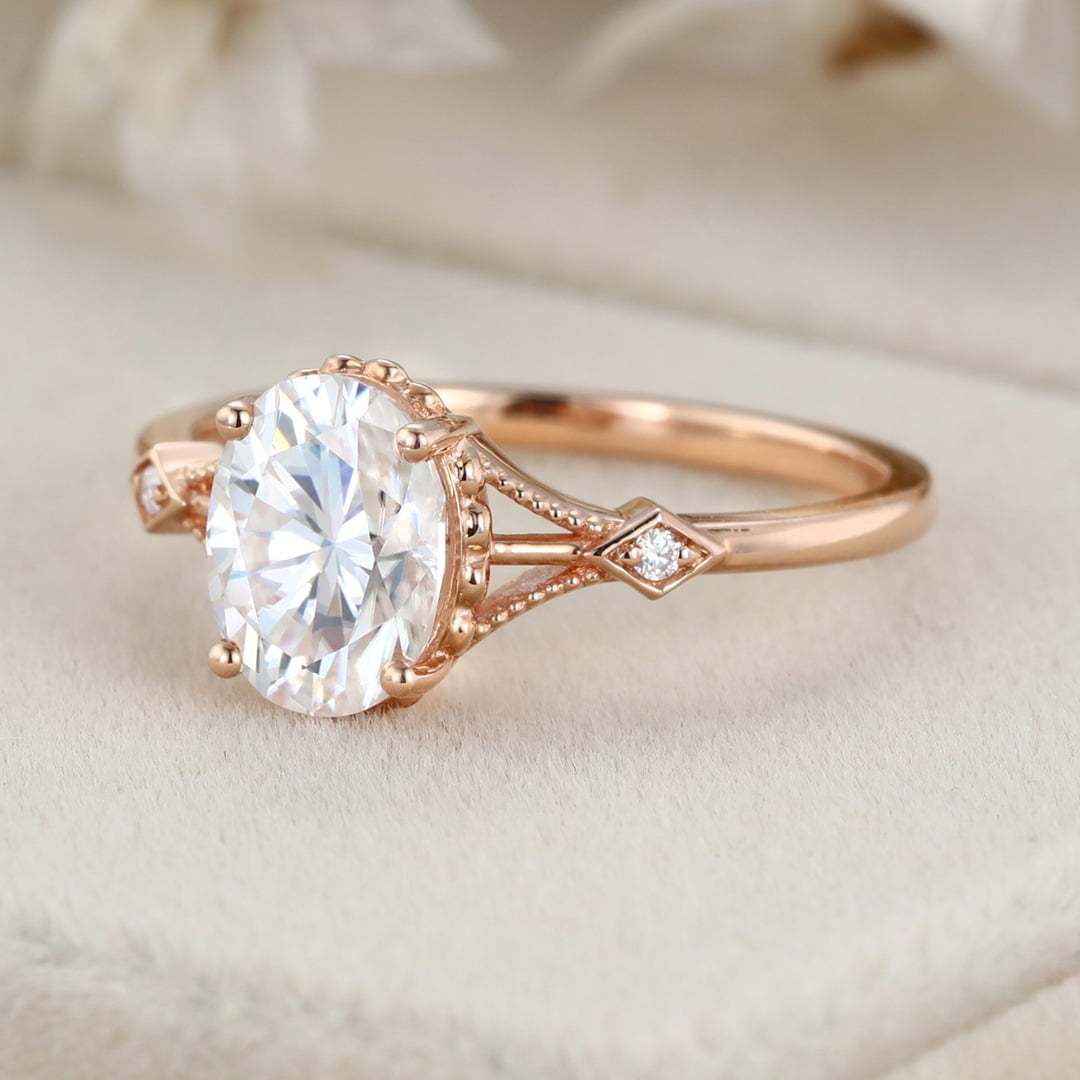 Vintage 1.5 Carat Oval Shape Moissanite Unique Art Deco Ring In 14K Rose Gold