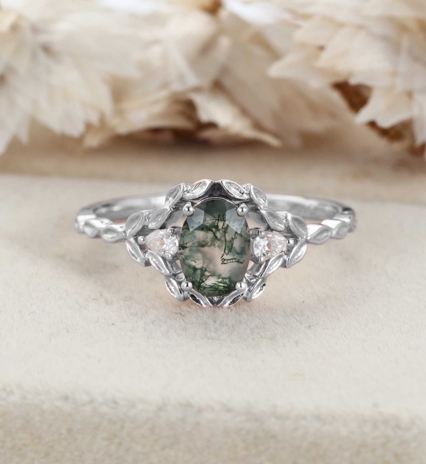 Oval shape Moss agate engagement ring Vintage 14K Rose gold nature inspired engagement ring Leaf band art deco ring Anniversary gift