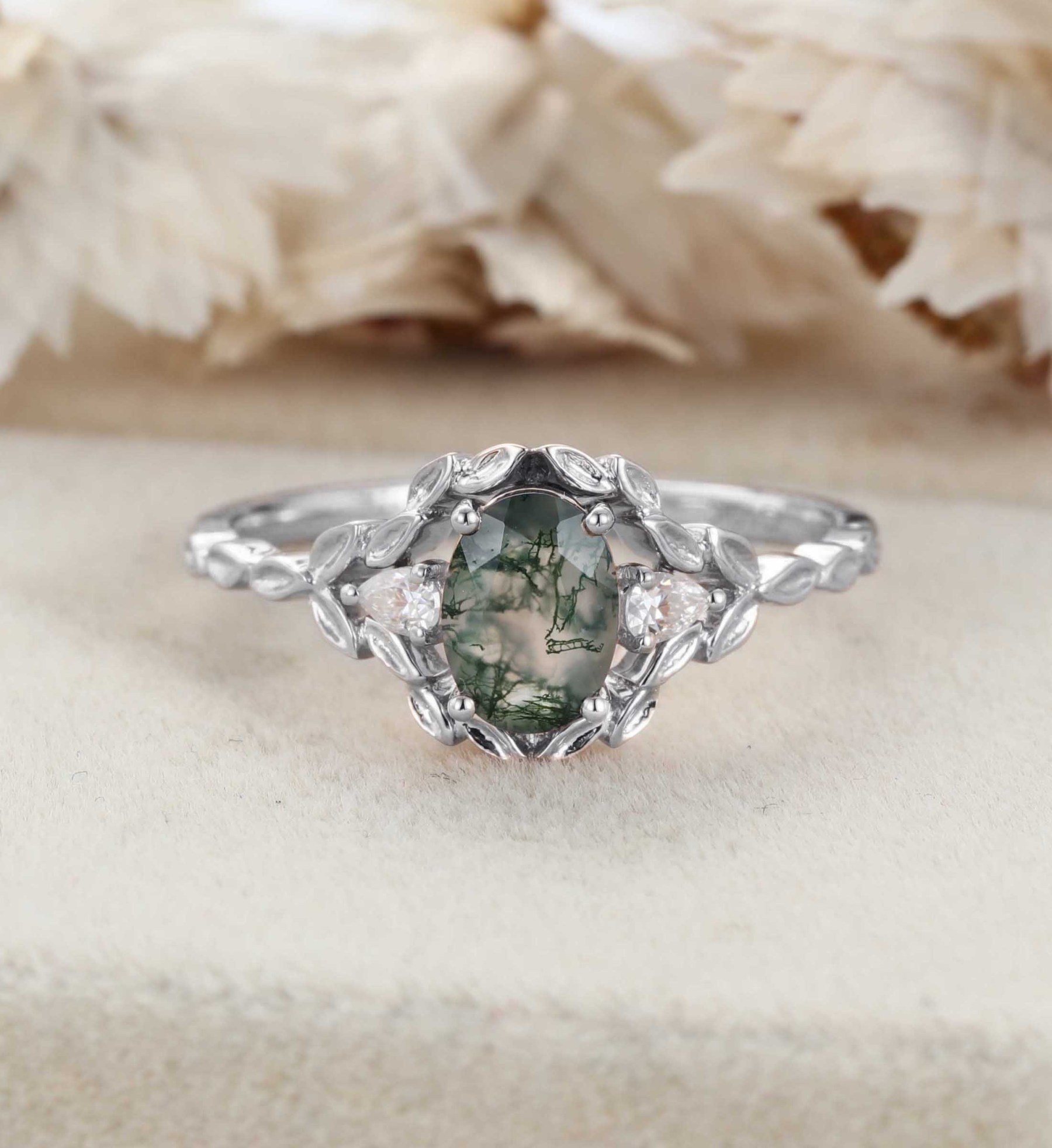 Oval shape Moss agate engagement ring Vintage 14K Rose gold nature inspired engagement ring Leaf band art deco ring Anniversary gift