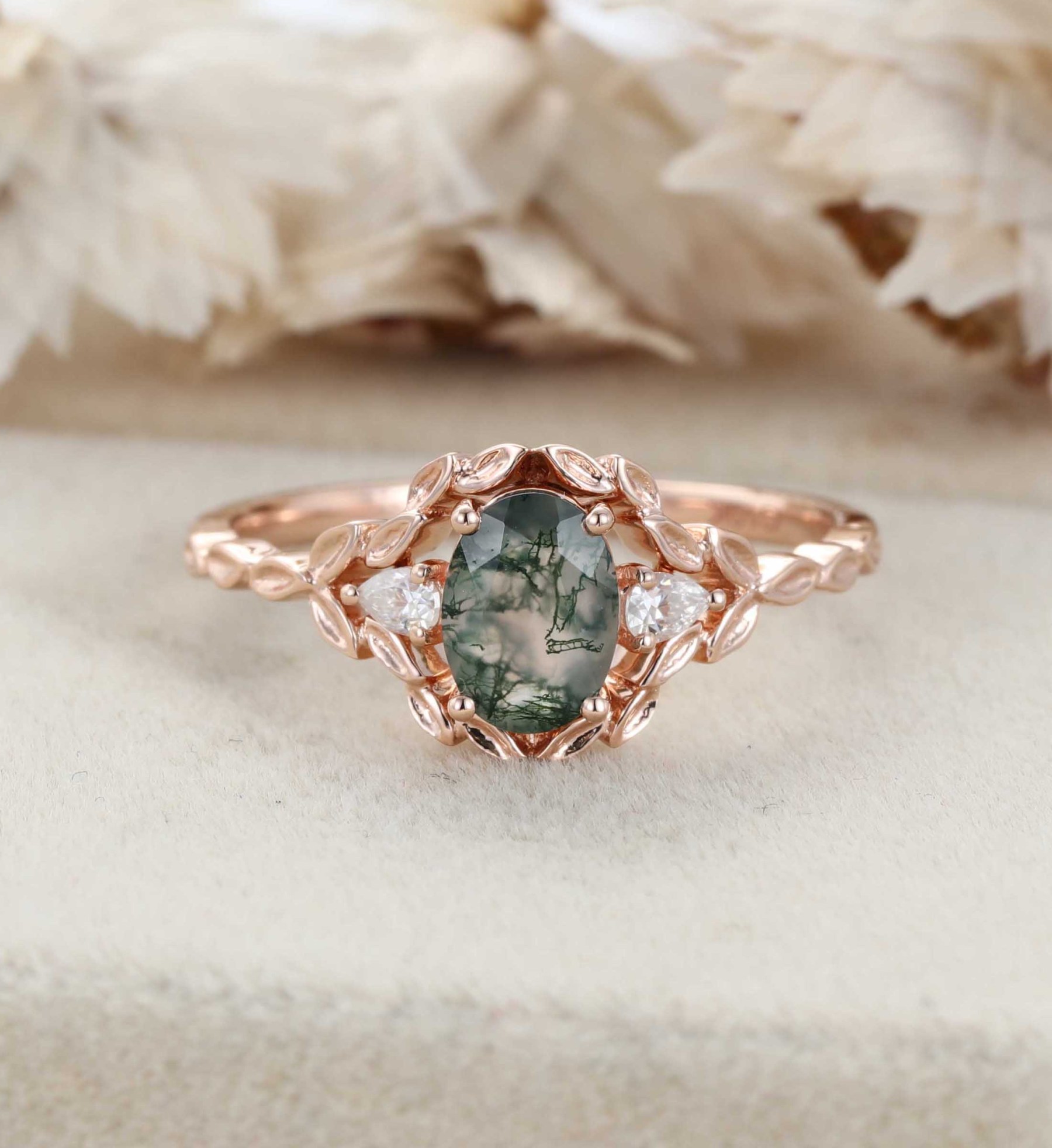 Oval shape Moss agate engagement ring Vintage 14K Rose gold nature inspired engagement ring Leaf band art deco ring Anniversary gift