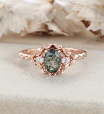 Oval shape Moss agate engagement ring Vintage 14K Rose gold nature inspired engagement ring Leaf band art deco ring Anniversary gift