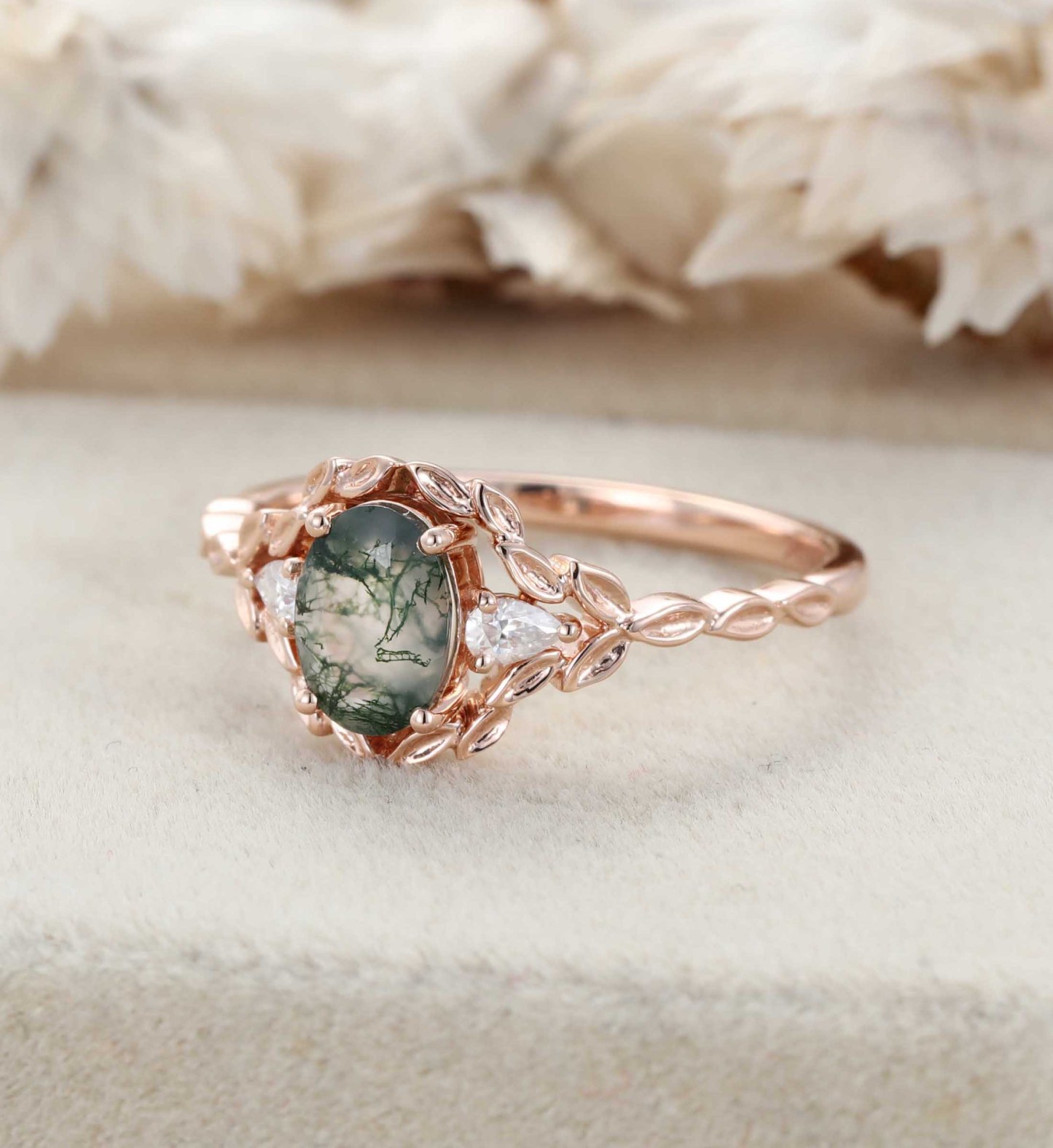 Oval shape Moss agate engagement ring Vintage 14K Rose gold nature inspired engagement ring Leaf band art deco ring Anniversary gift