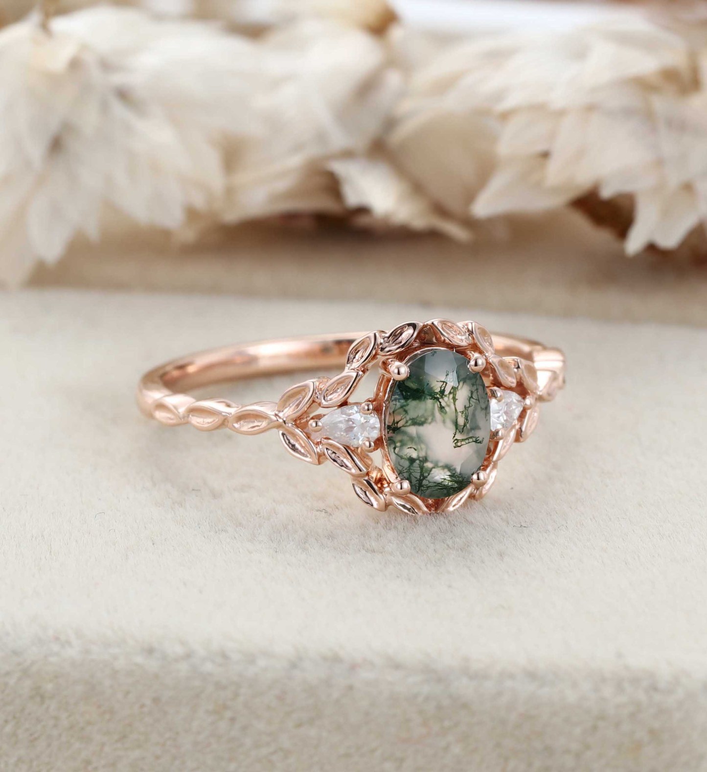 Oval shape Moss agate engagement ring Vintage 14K Rose gold nature inspired engagement ring Leaf band art deco ring Anniversary gift