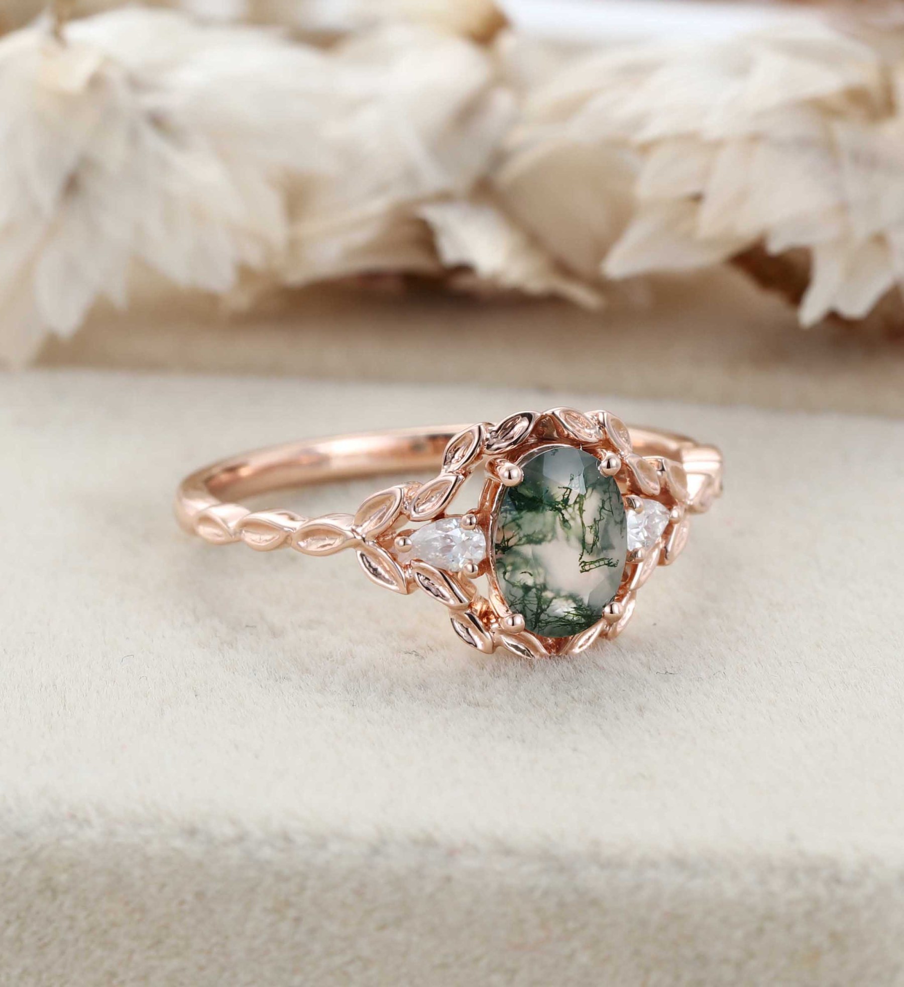 Oval shape Moss agate engagement ring Vintage 14K Rose gold nature inspired engagement ring Leaf band art deco ring Anniversary gift