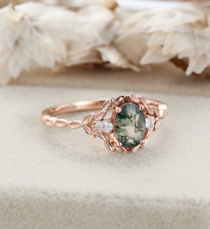 Oval shape Moss agate engagement ring Vintage 14K Rose gold nature inspired engagement ring Leaf band art deco ring Anniversary gift