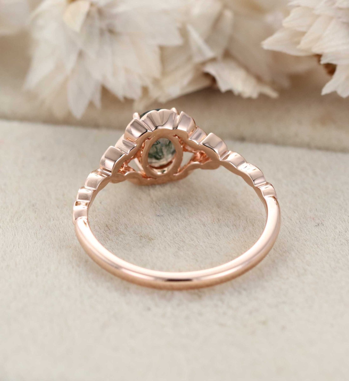 Oval shape Moss agate engagement ring Vintage 14K Rose gold nature inspired engagement ring Leaf band art deco ring Anniversary gift