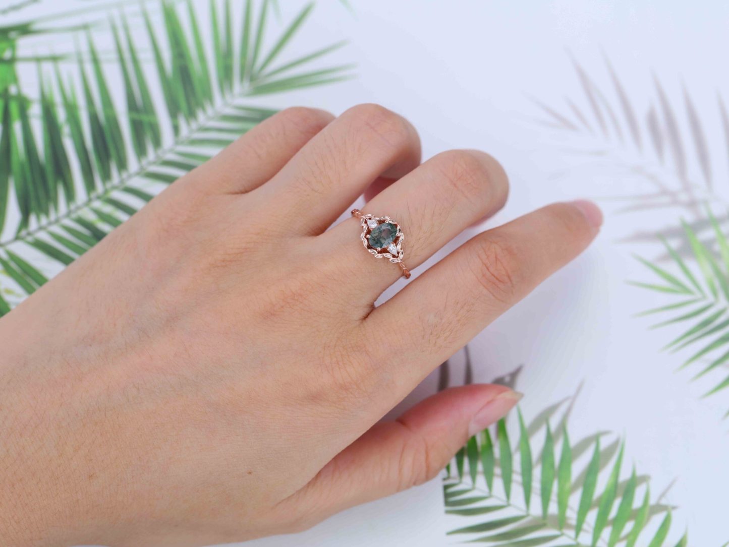 Oval shape Moss agate engagement ring Vintage 14K Rose gold nature inspired engagement ring Leaf band art deco ring Anniversary gift