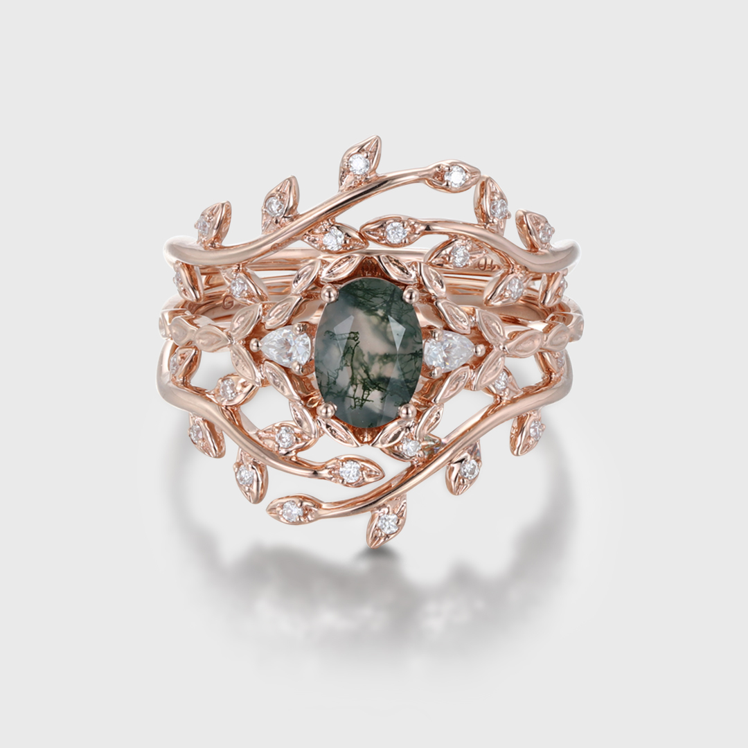 Oval shape Moss agate engagement ring set Vintage 14K Rose gold nature inspired engagement ring Leaf band art deco ring Anniversary gift