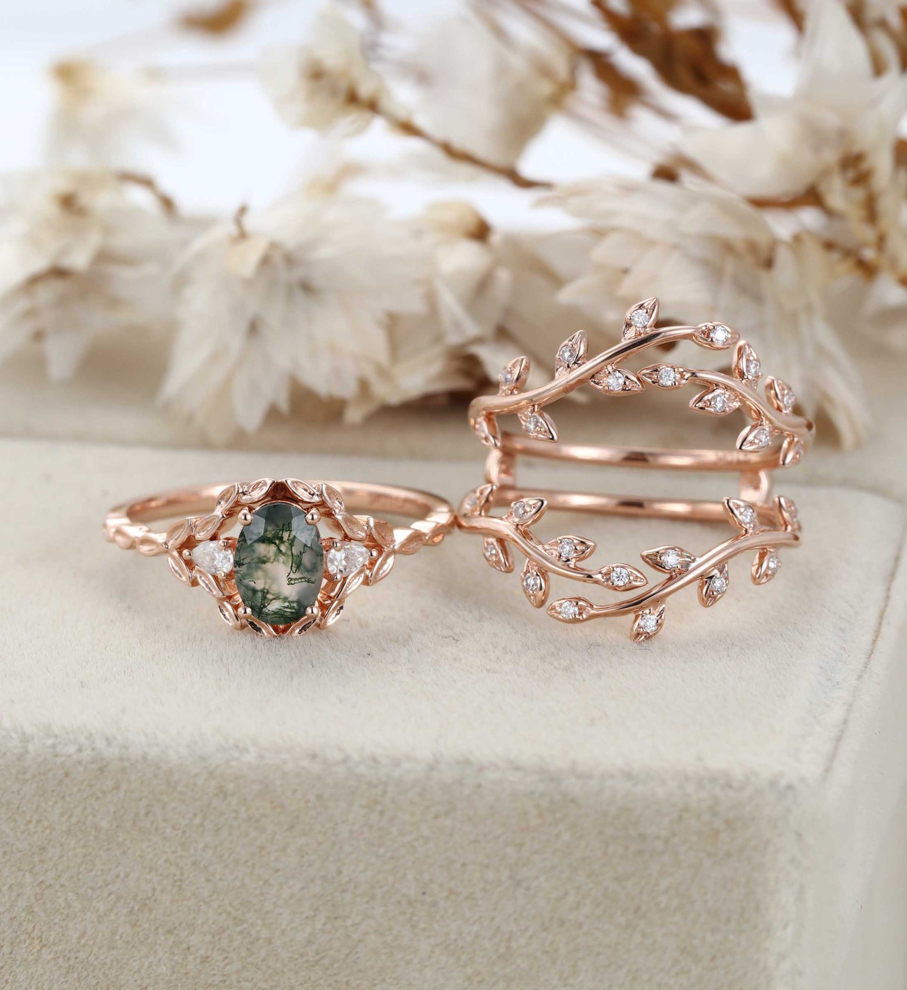 Oval shape Moss agate engagement ring set Vintage 14K Rose gold nature inspired engagement ring Leaf band art deco ring Anniversary gift
