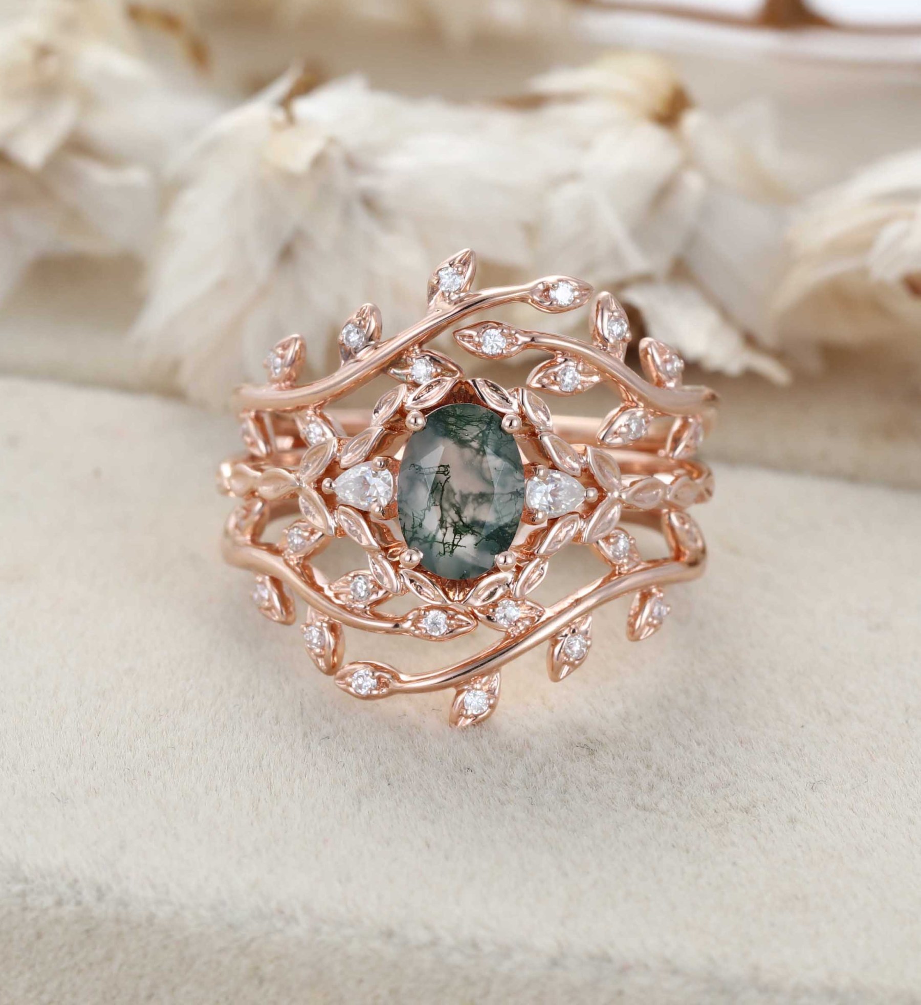 Oval shape Moss agate engagement ring set Vintage 14K Rose gold nature inspired engagement ring Leaf band art deco ring Anniversary gift