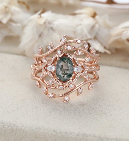 Oval shape Moss agate engagement ring set Vintage 14K Rose gold nature inspired engagement ring Leaf band art deco ring Anniversary gift