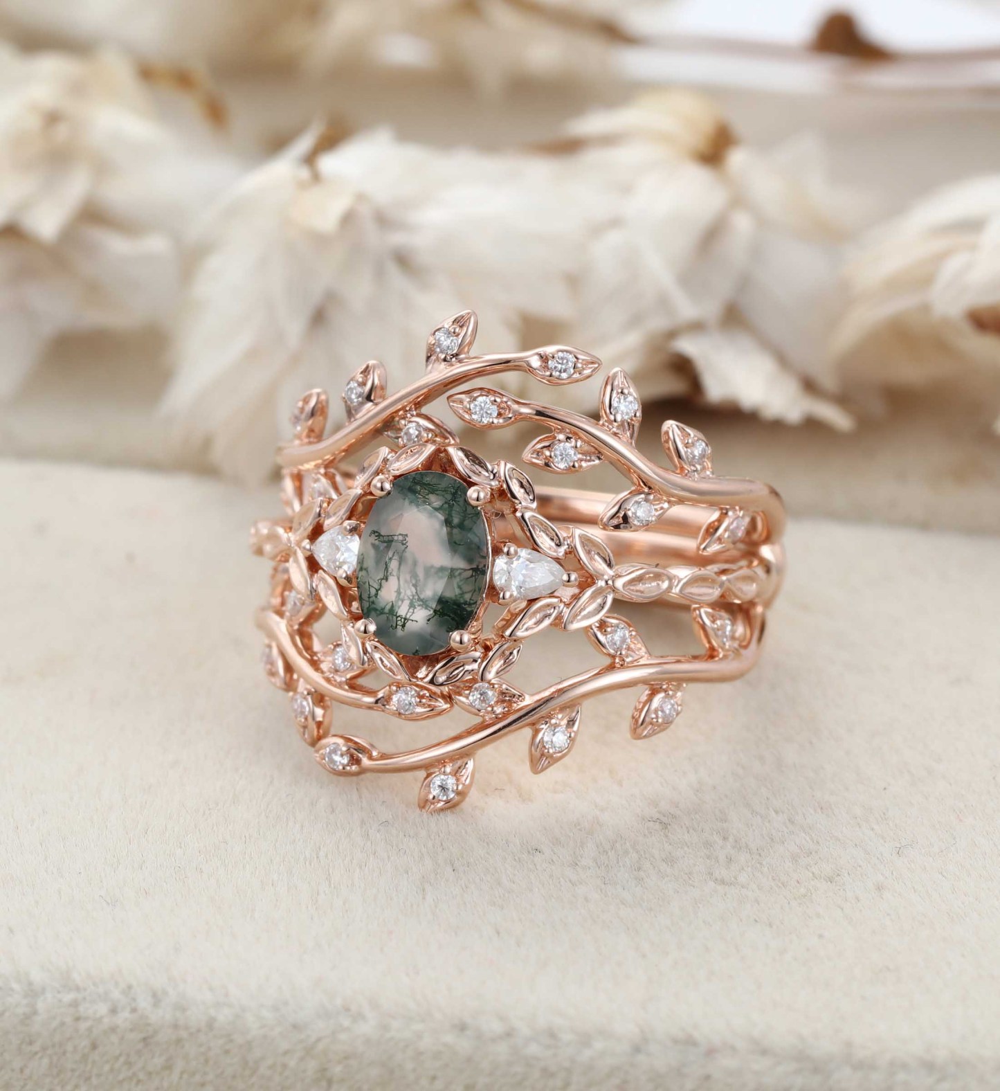 Oval shape Moss agate engagement ring set Vintage 14K Rose gold nature inspired engagement ring Leaf band art deco ring Anniversary gift