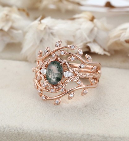 Oval shape Moss agate engagement ring set Vintage 14K Rose gold nature inspired engagement ring Leaf band art deco ring Anniversary gift