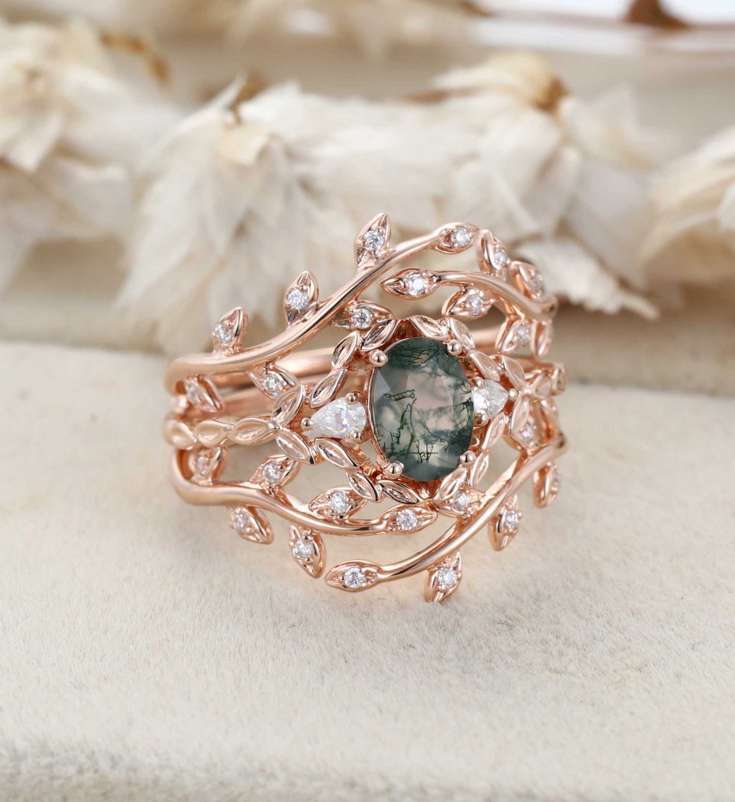 Oval shape Moss agate engagement ring set Vintage 14K Rose gold nature inspired engagement ring Leaf band art deco ring Anniversary gift
