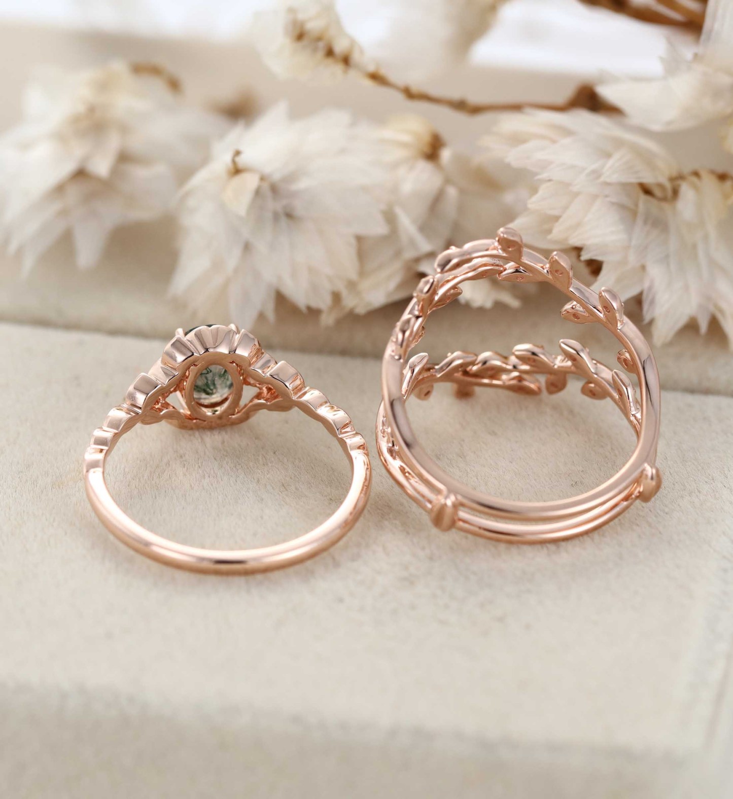 Oval shape Moss agate engagement ring set Vintage 14K Rose gold nature inspired engagement ring Leaf band art deco ring Anniversary gift