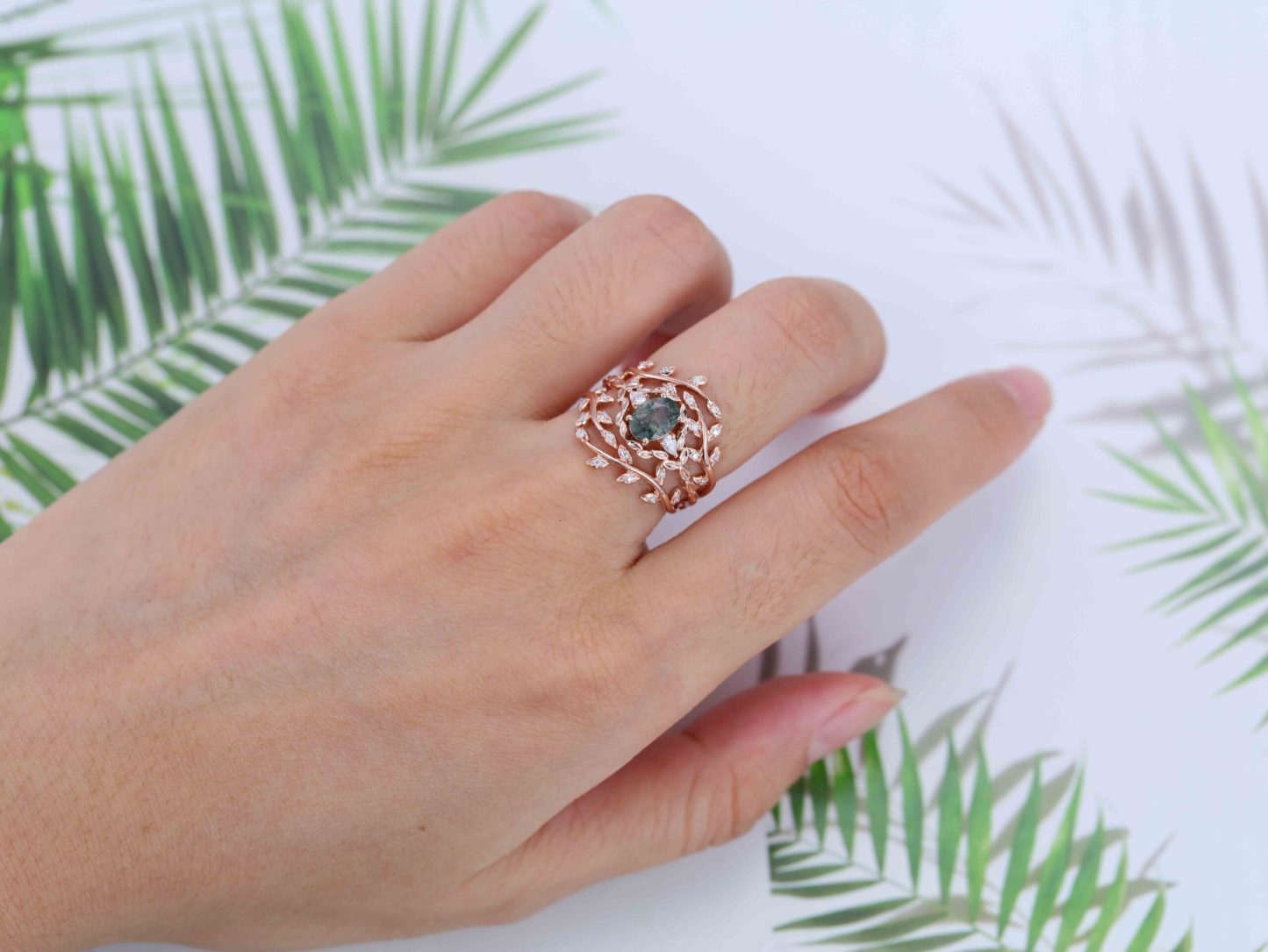 Oval shape Moss agate engagement ring set Vintage 14K Rose gold nature inspired engagement ring Leaf band art deco ring Anniversary gift