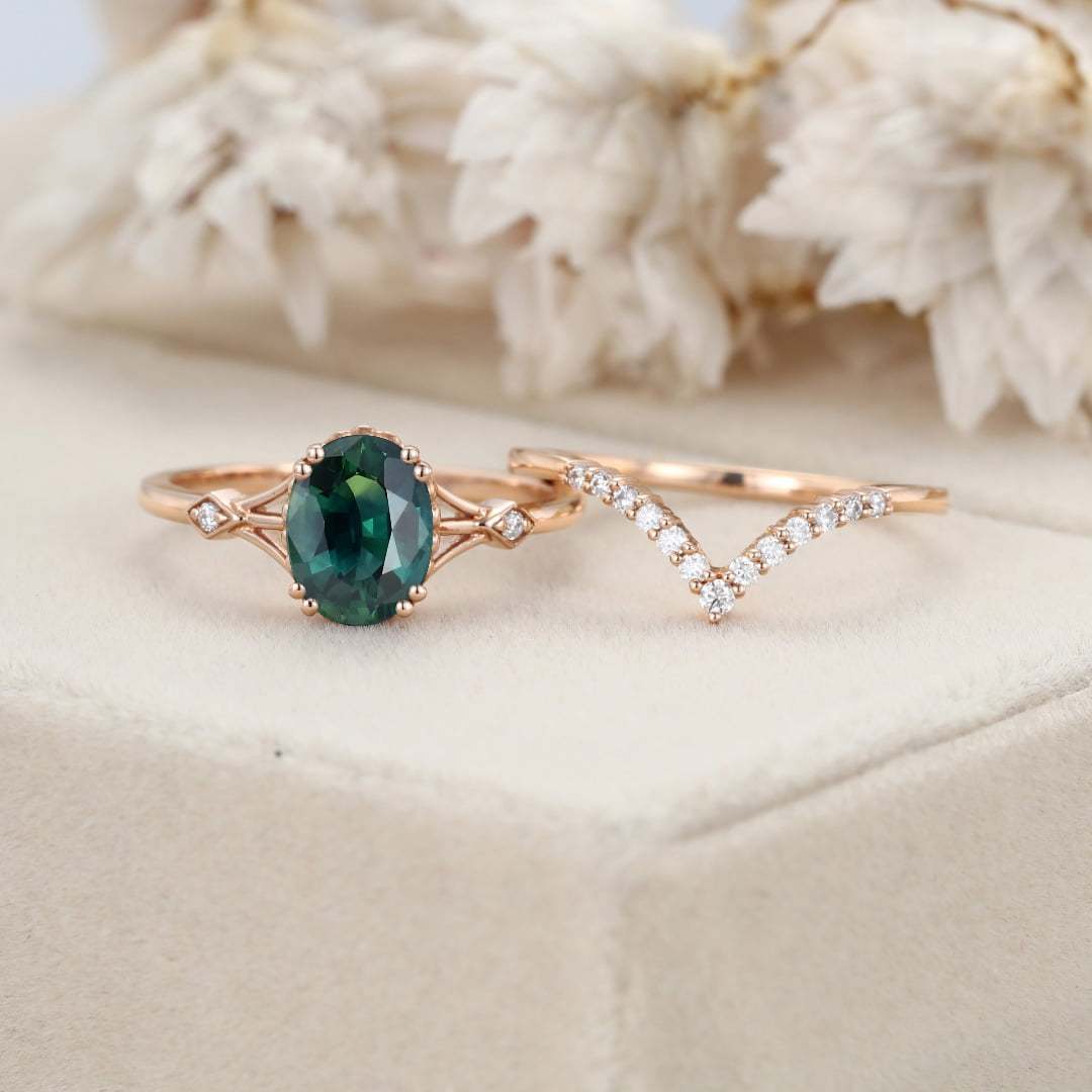 Oval shaped Green Blue Sapphire engagement ring set Unique vintage Rose gold engagement ring women Diamond wedding Bridal Anniversary