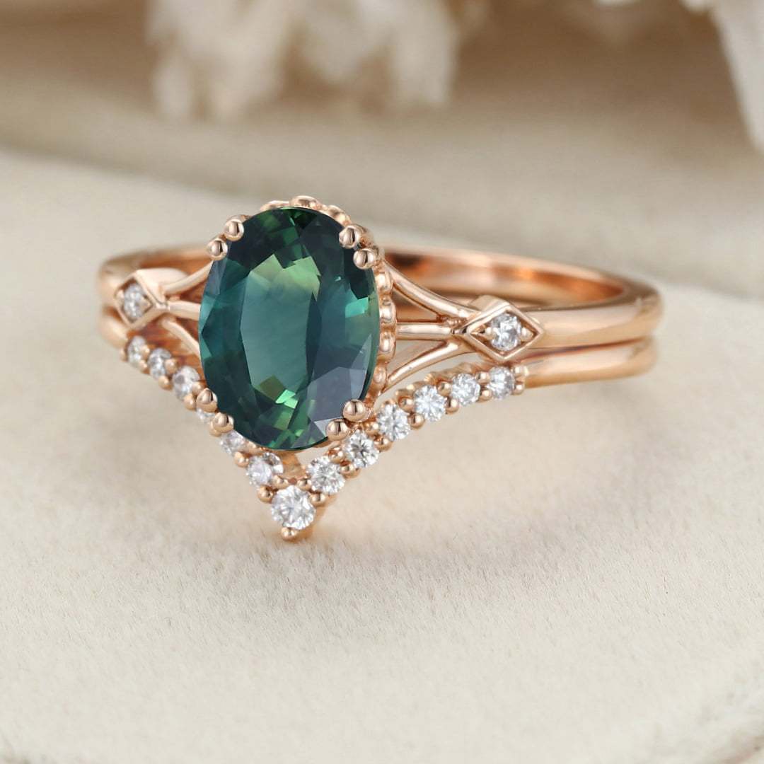 Oval shaped Green Blue Sapphire engagement ring set Unique vintage Rose gold engagement ring women Diamond wedding Bridal Anniversary