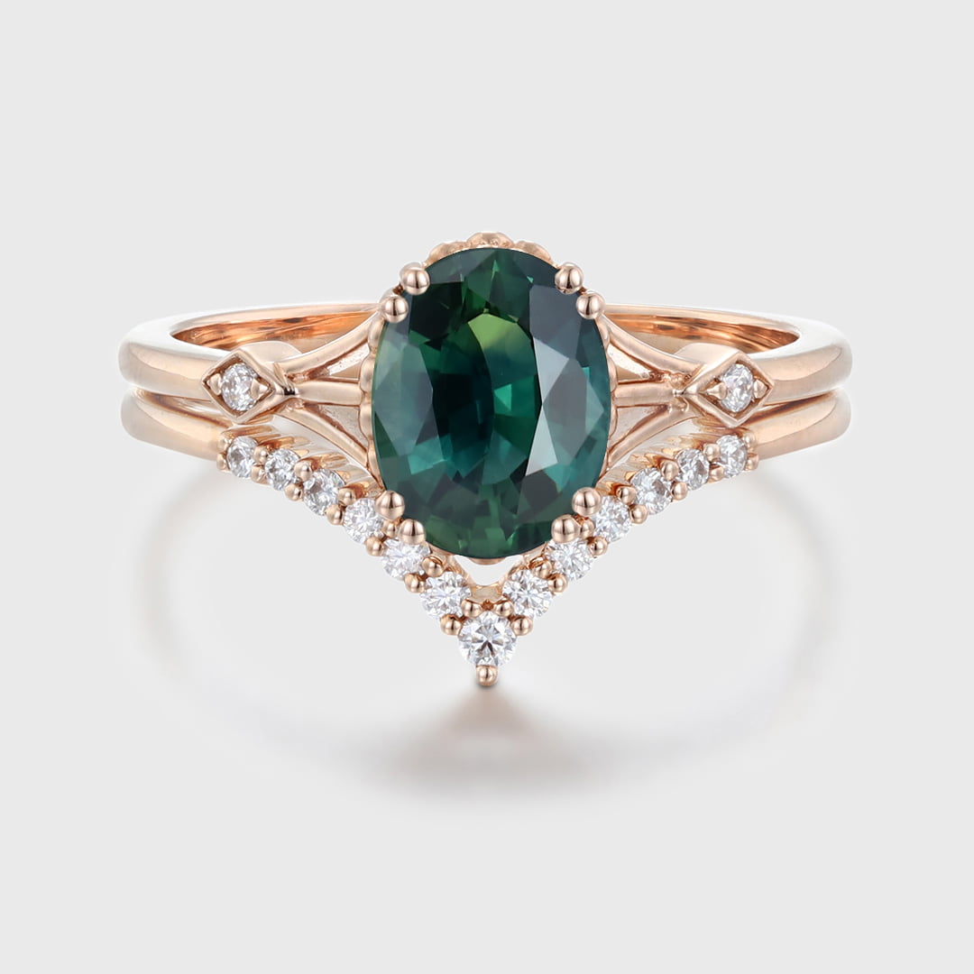 Oval shaped Green Blue Sapphire engagement ring set Unique vintage Rose gold engagement ring women Diamond wedding Bridal Anniversary