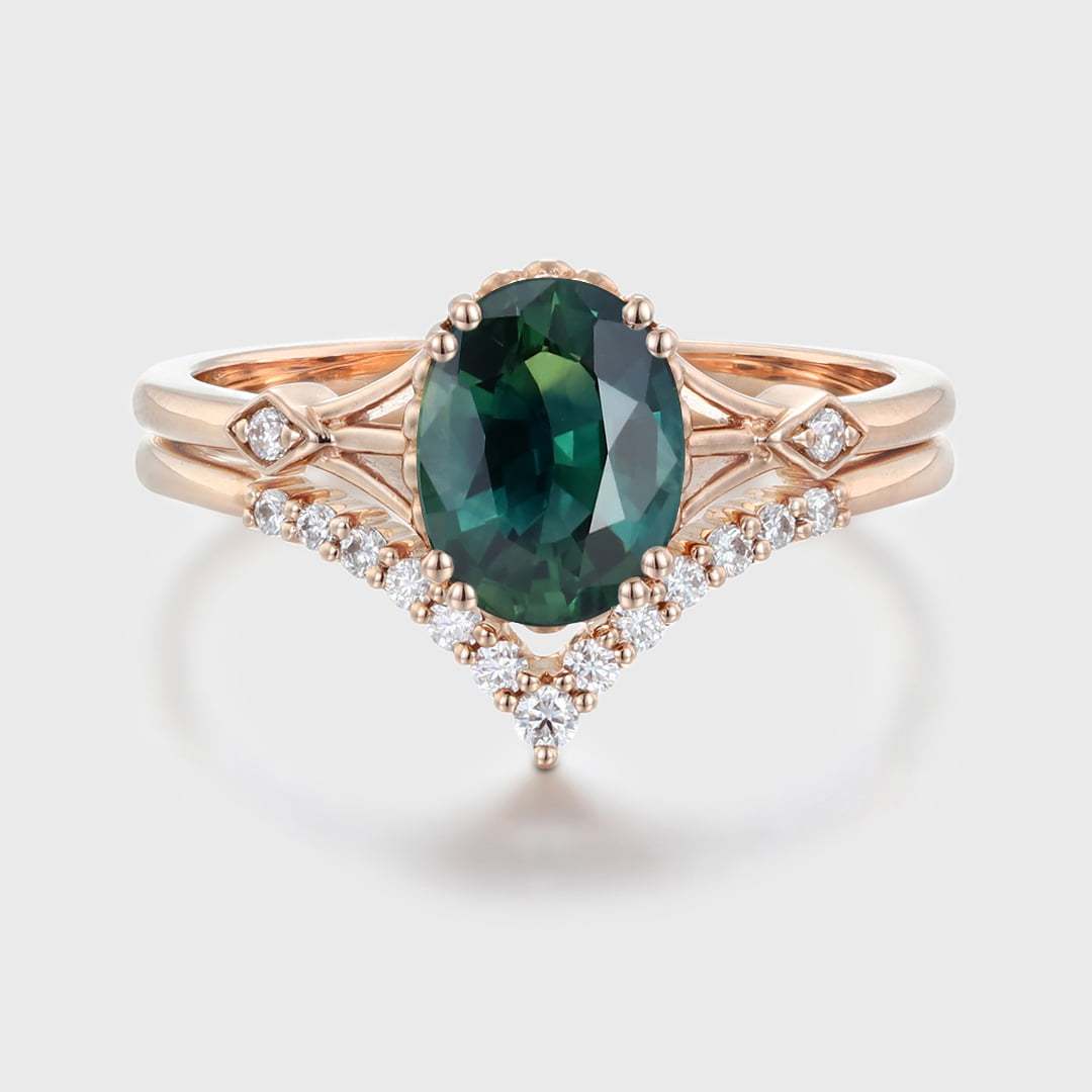 Oval shaped Green Blue Sapphire engagement ring set Unique vintage Rose gold engagement ring women Diamond wedding Bridal Anniversary
