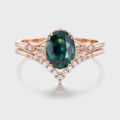 Oval shaped Green Blue Sapphire engagement ring set Unique vintage Rose gold engagement ring women Diamond wedding Bridal Anniversary