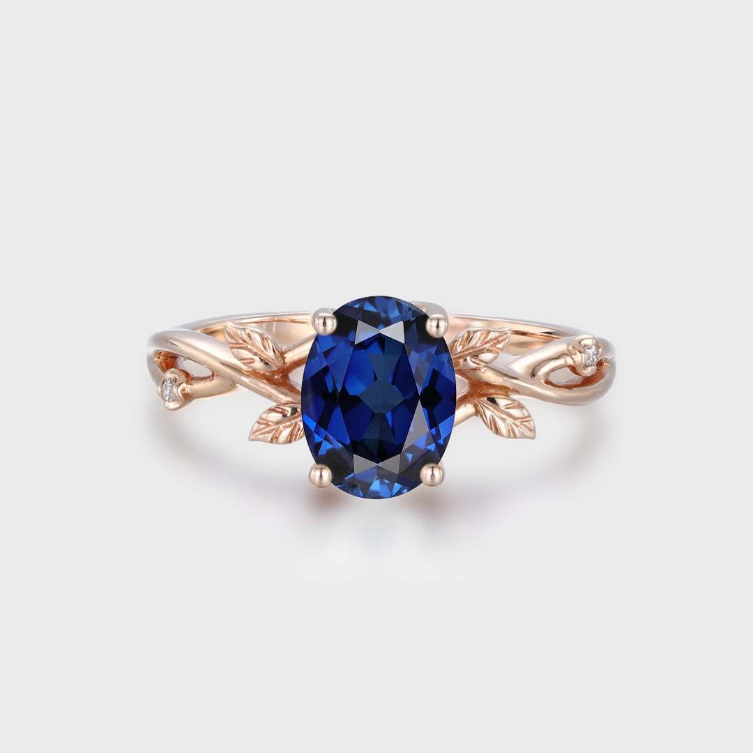 Oval shaped Lab Sapphire Ring Vintage Twig Vine Leaf Ring Unique Rose gold Sapphire Engagement Ring Bridal Ring Promise Anniversary gift
