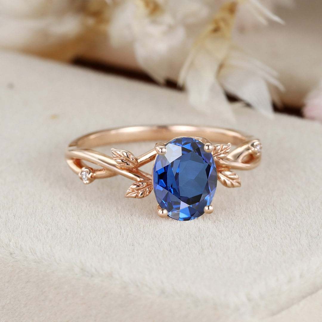 Oval shaped Lab Sapphire Ring Vintage Twig Vine Leaf Ring Unique Rose gold Sapphire Engagement Ring Bridal Ring Promise Anniversary gift