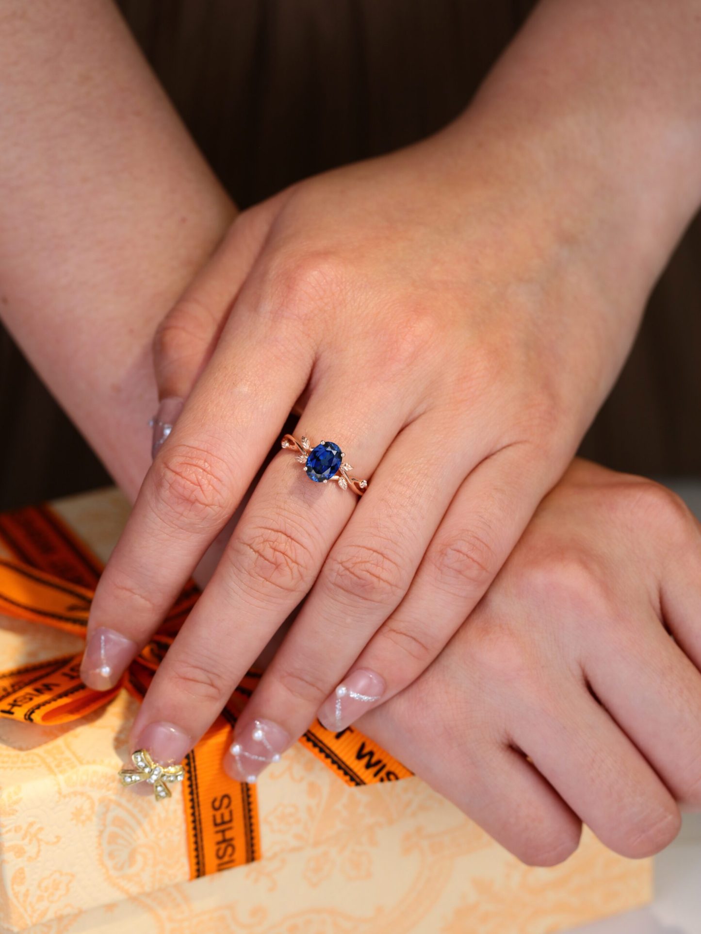 Oval shaped Lab Sapphire Ring Vintage Twig Vine Leaf Ring Unique Rose gold Sapphire Engagement Ring Bridal Ring Promise Anniversary gift