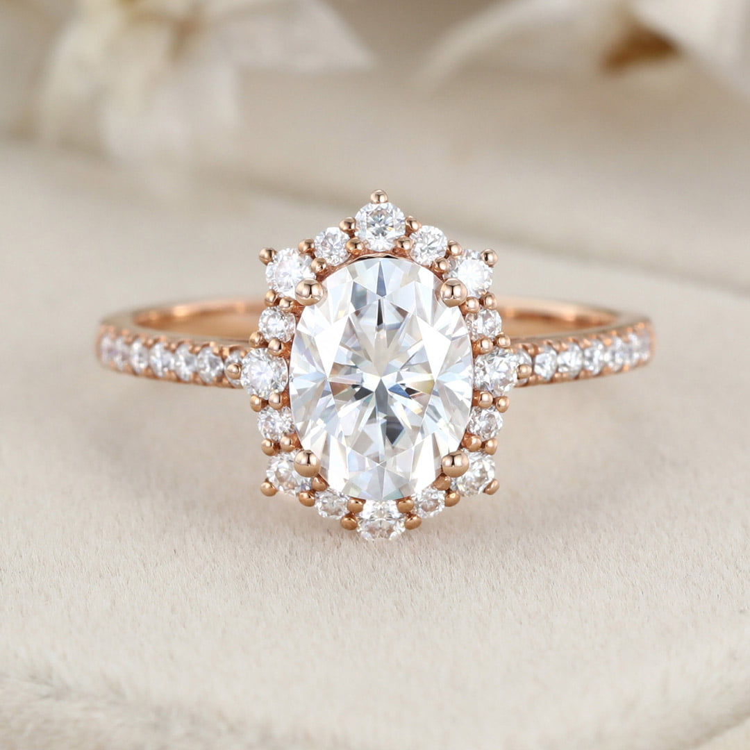 Vintage 1.5 Carat Oval Shaped Moissanite Half Eternity Ring in 14K Rose Gold
