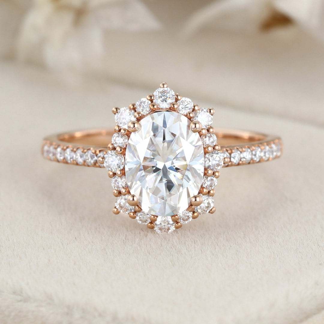 Vintage 1.5 Carat Oval Shaped Moissanite Half Eternity Ring in 14K Rose Gold
