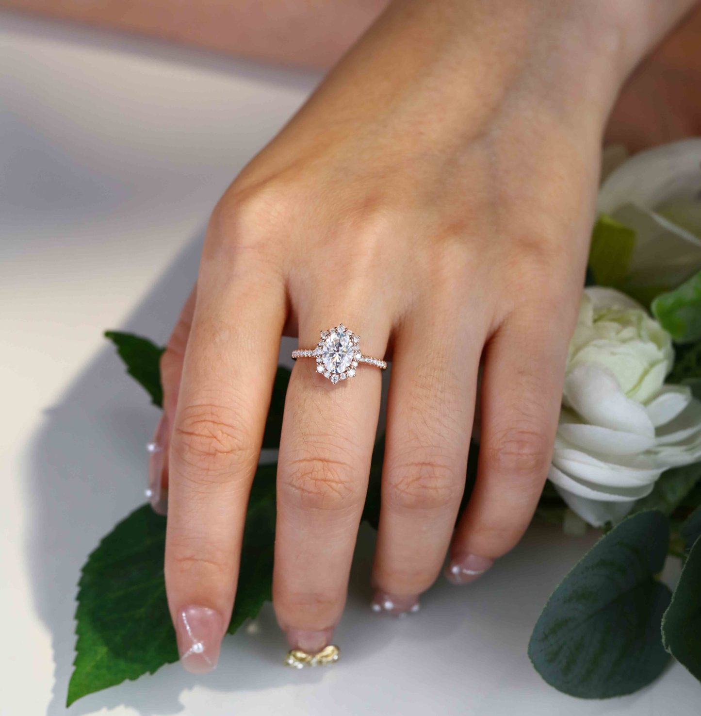 Vintage 1.5 Carat Oval Shaped Moissanite Half Eternity Ring in 14K Rose Gold