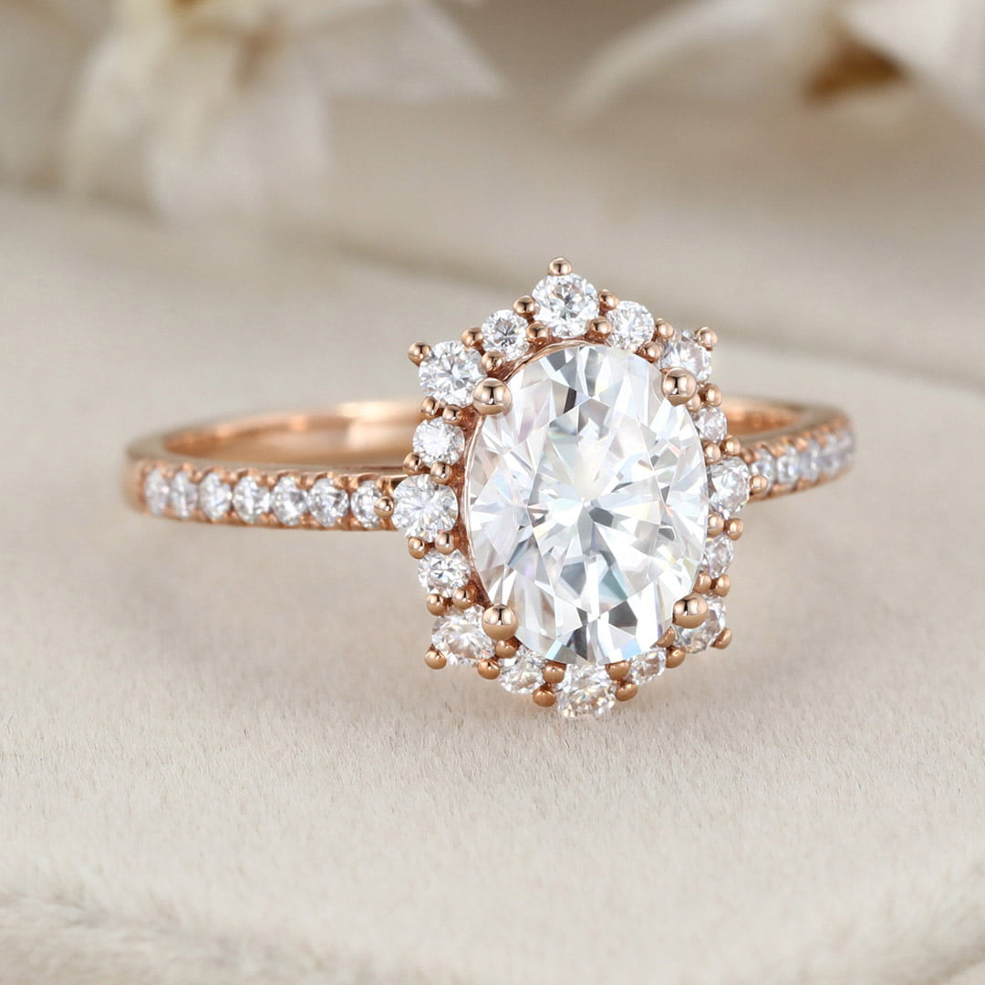 Vintage 1.5 Carat Oval Shaped Moissanite Half Eternity Ring in 14K Rose Gold