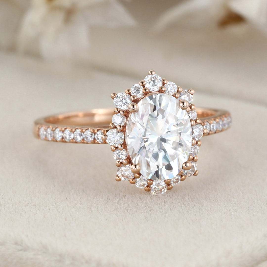 Vintage 1.5 Carat Oval Shaped Moissanite Half Eternity Ring in 14K Rose Gold