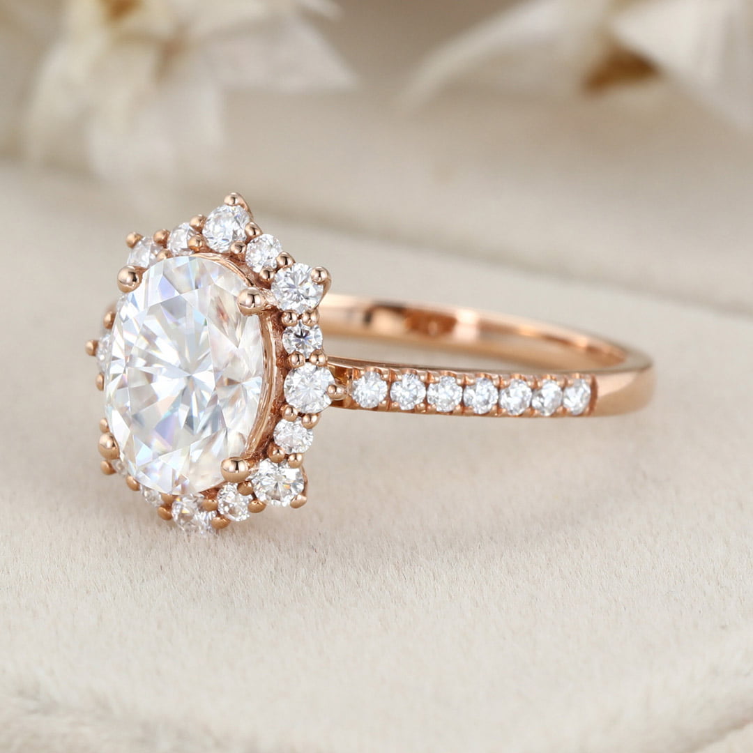 Vintage 1.5 Carat Oval Shaped Moissanite Half Eternity Ring in 14K Rose Gold