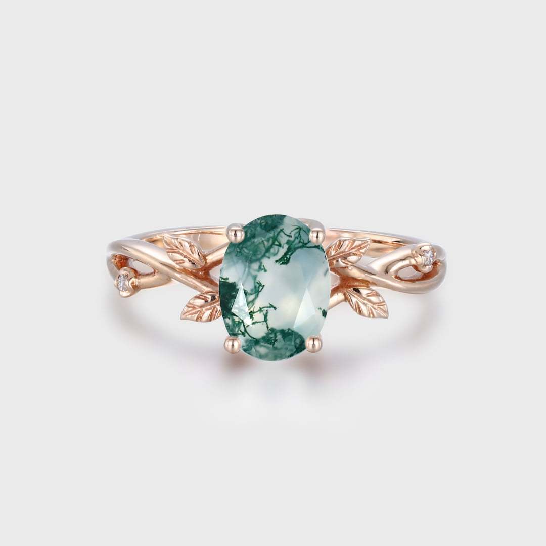 Oval shaped Moss Agate Engagement Ring 14K Rose Gold