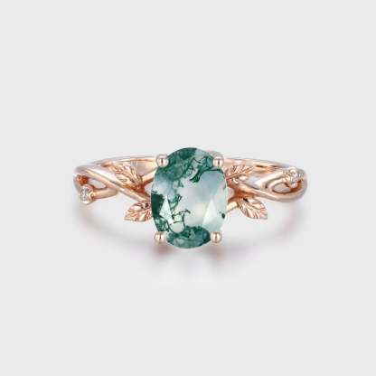 Oval shaped Moss Agate Engagement Ring 14K Rose Gold