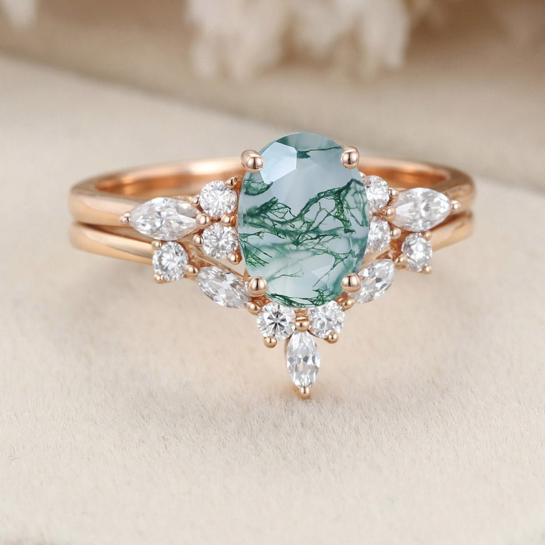 Oval shaped Moss Agate engagement ring set Rose gold Moissanite engagement ring Diamond wedding Bridal Promise Anniversary gift for women