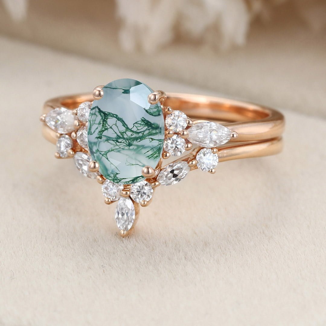 Oval shaped Moss Agate engagement ring set Rose gold Moissanite engagement ring Diamond wedding Bridal Promise Anniversary gift for women