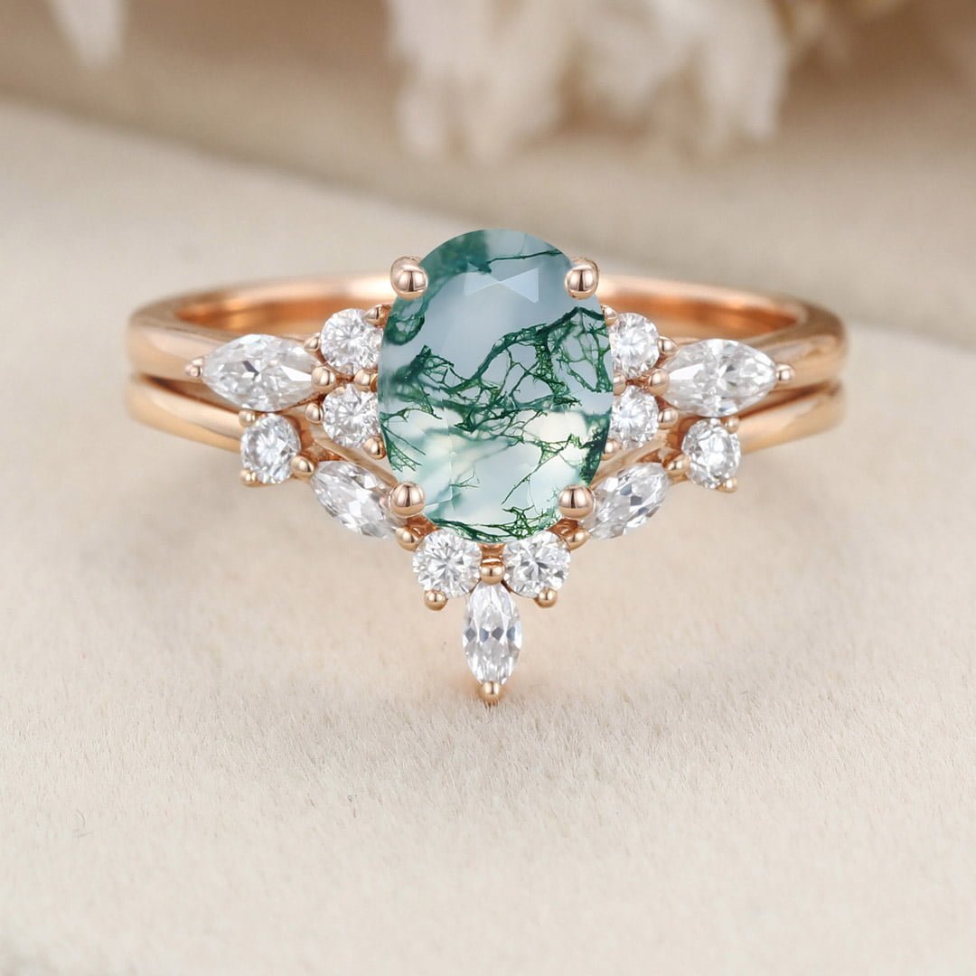 Oval shaped Moss Agate engagement ring set Rose gold Moissanite engagement ring Diamond wedding Bridal Promise Anniversary gift for women