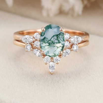 Oval shaped Moss Agate engagement ring set Rose gold Moissanite engagement ring Diamond wedding Bridal Promise Anniversary gift for women