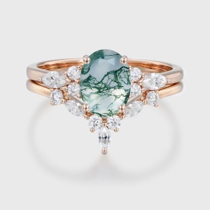 Oval shaped Moss Agate engagement ring set Rose gold Moissanite engagement ring Diamond wedding Bridal Promise Anniversary gift for women