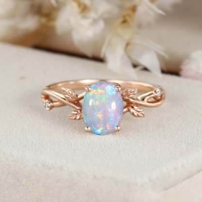 Oval shaped Opal engagement ring Vintage rose gold Twist leaf ring Dainty twig split Unique vine ring Promise Marriage Anniversary ring