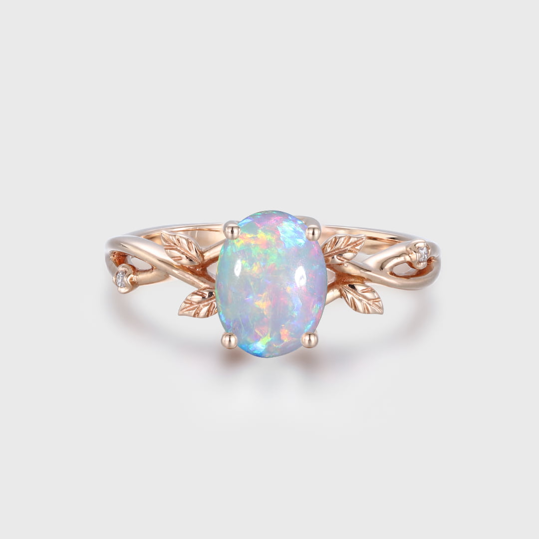 Oval shaped Opal engagement ring Vintage rose gold Twist leaf ring Dainty twig split Unique vine ring Promise Marriage Anniversary ring
