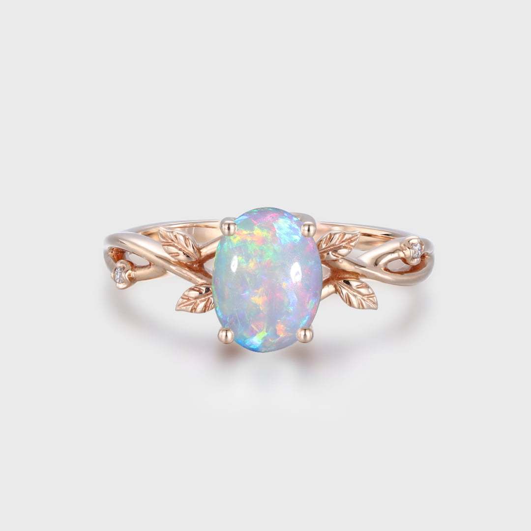 Oval shaped Opal engagement ring Vintage rose gold Twist leaf ring Dainty twig split Unique vine ring Promise Marriage Anniversary ring