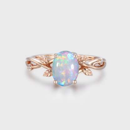Oval shaped Opal engagement ring Vintage rose gold Twist leaf ring Dainty twig split Unique vine ring Promise Marriage Anniversary ring