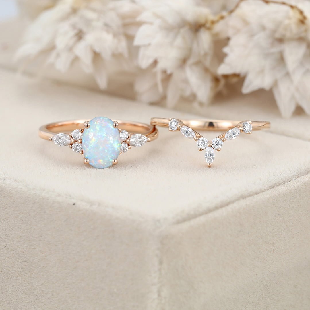 Oval shaped Opal engagement ring set 14K Rose gold Moissanite engagement ring Diamond wedding Bridal Promise Anniversary gift for women