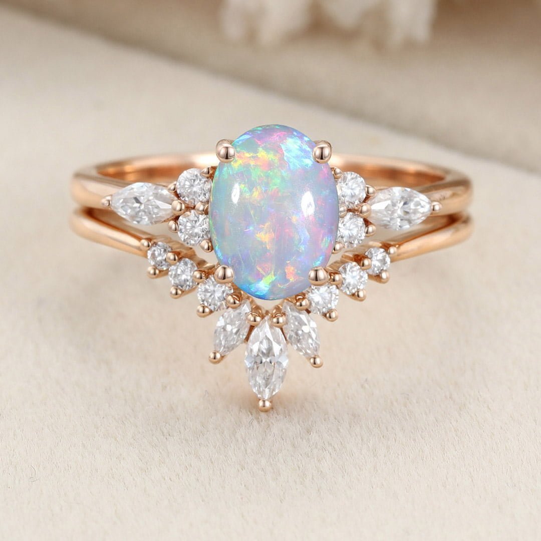 Oval shaped Opal engagement ring set Vintage Rose gold Marquise Moissanite Diamond ring Unique curve ring matching Wedding Anniversary gift
