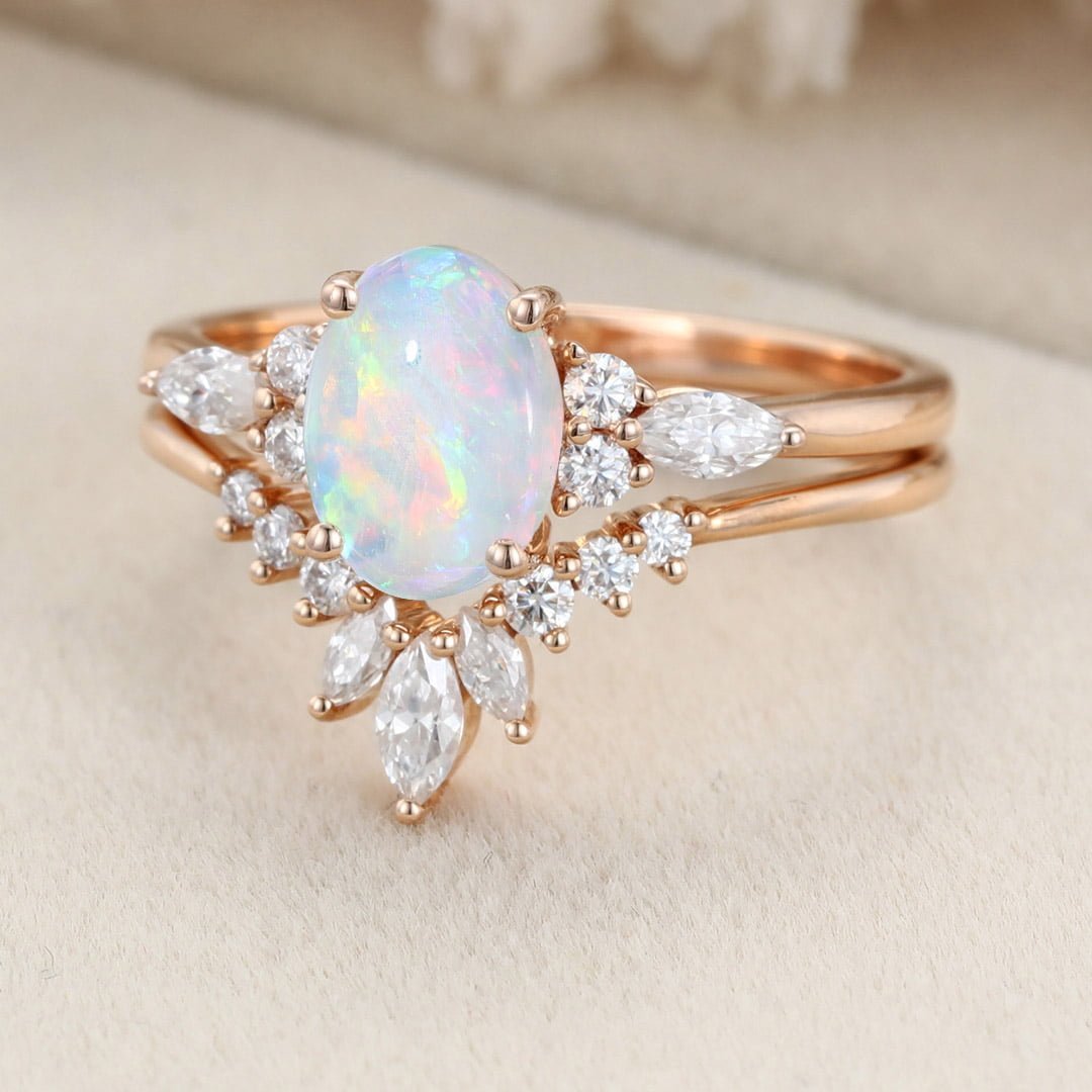 Oval shaped Opal engagement ring set Vintage Rose gold Marquise Moissanite Diamond ring Unique curve ring matching Wedding Anniversary gift
