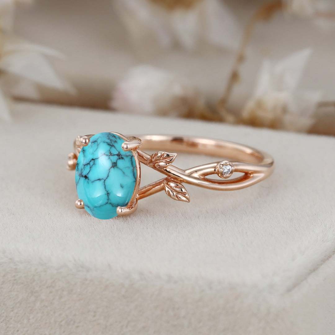 Oval shaped Rose gold Turquoise engagement ring Solid 14k rose gold branches leaf Leaves twig ring Unique diamond wedding ring women