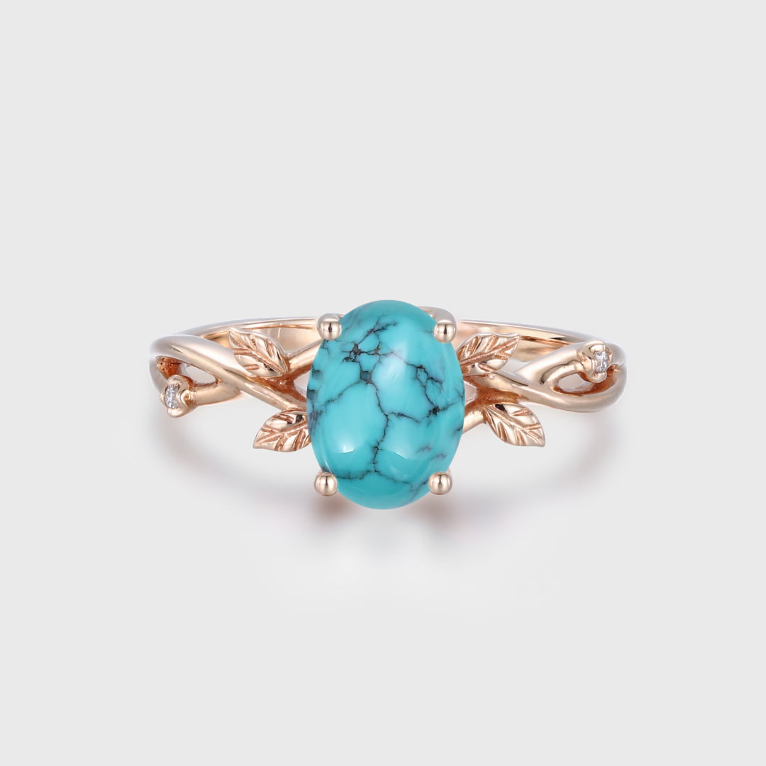 Oval shaped Rose gold Turquoise engagement ring Solid 14k rose gold branches leaf Leaves twig ring Unique diamond wedding ring women